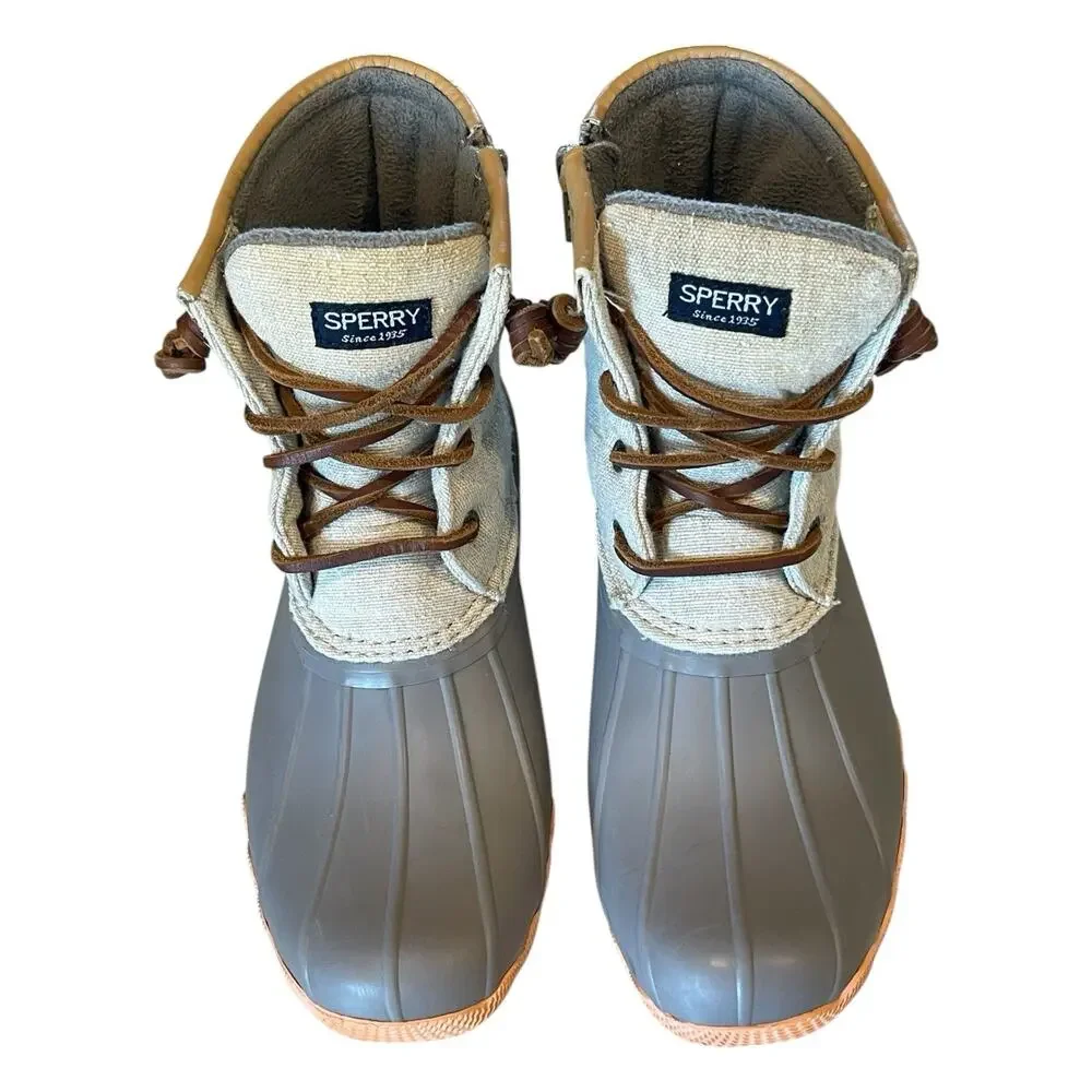 Sperry Top-Sider Kids Duck Boots Size 3M Gray Rubber Beige Canvas Side Zip
